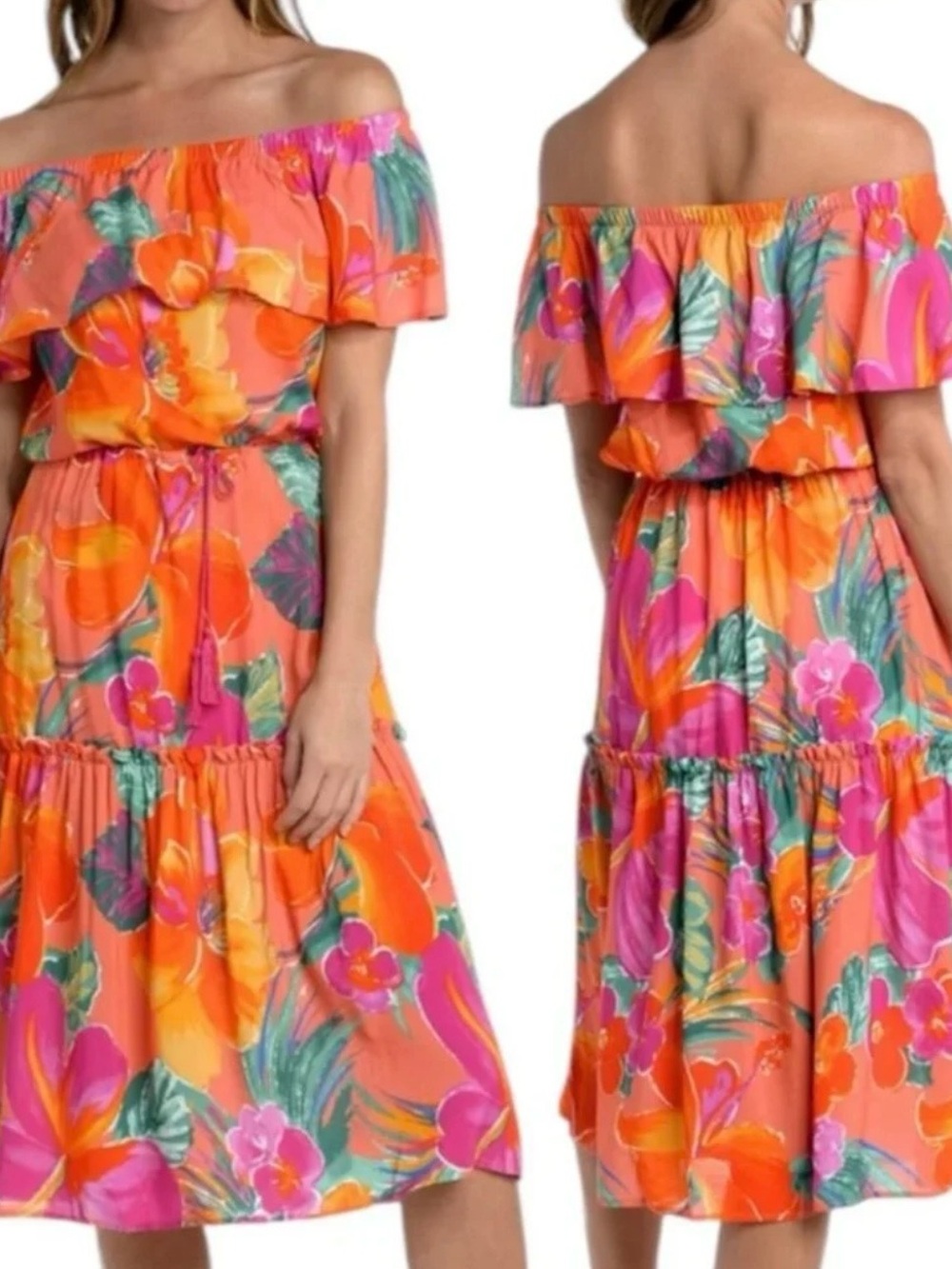 La Blanca Off-Shoulder Floral Midi Dress in Orange and Pink